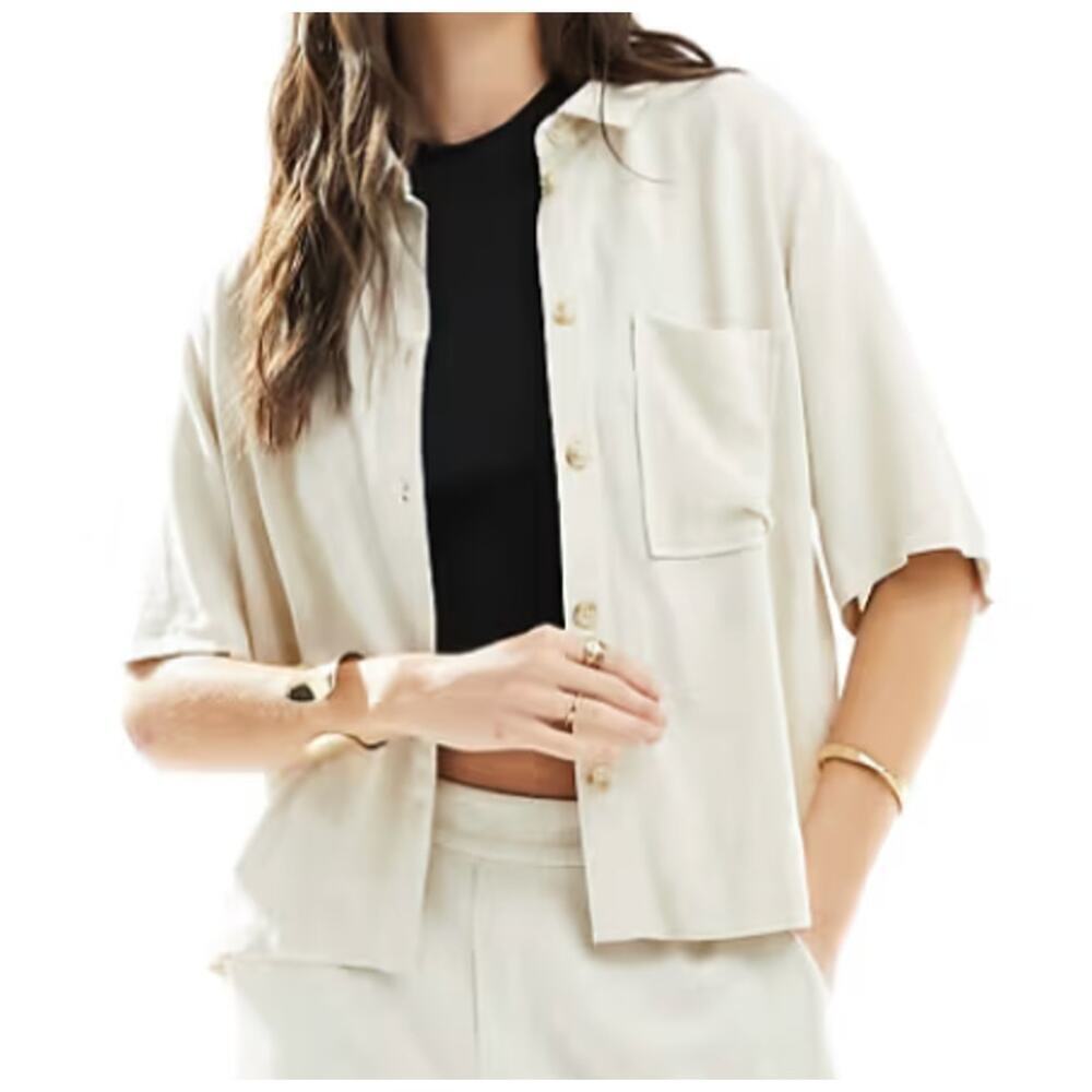 Object Linen Blend Shirt in Oatmeal, Size 40/M​​​